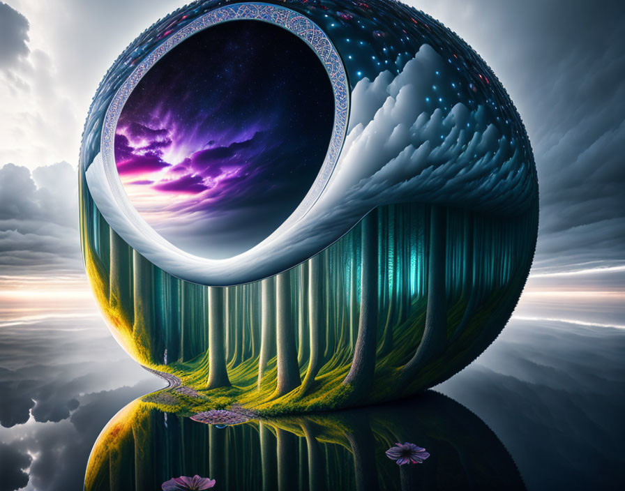 Surreal ring-shaped landscape with space, clouds, forest, water, and flowers.