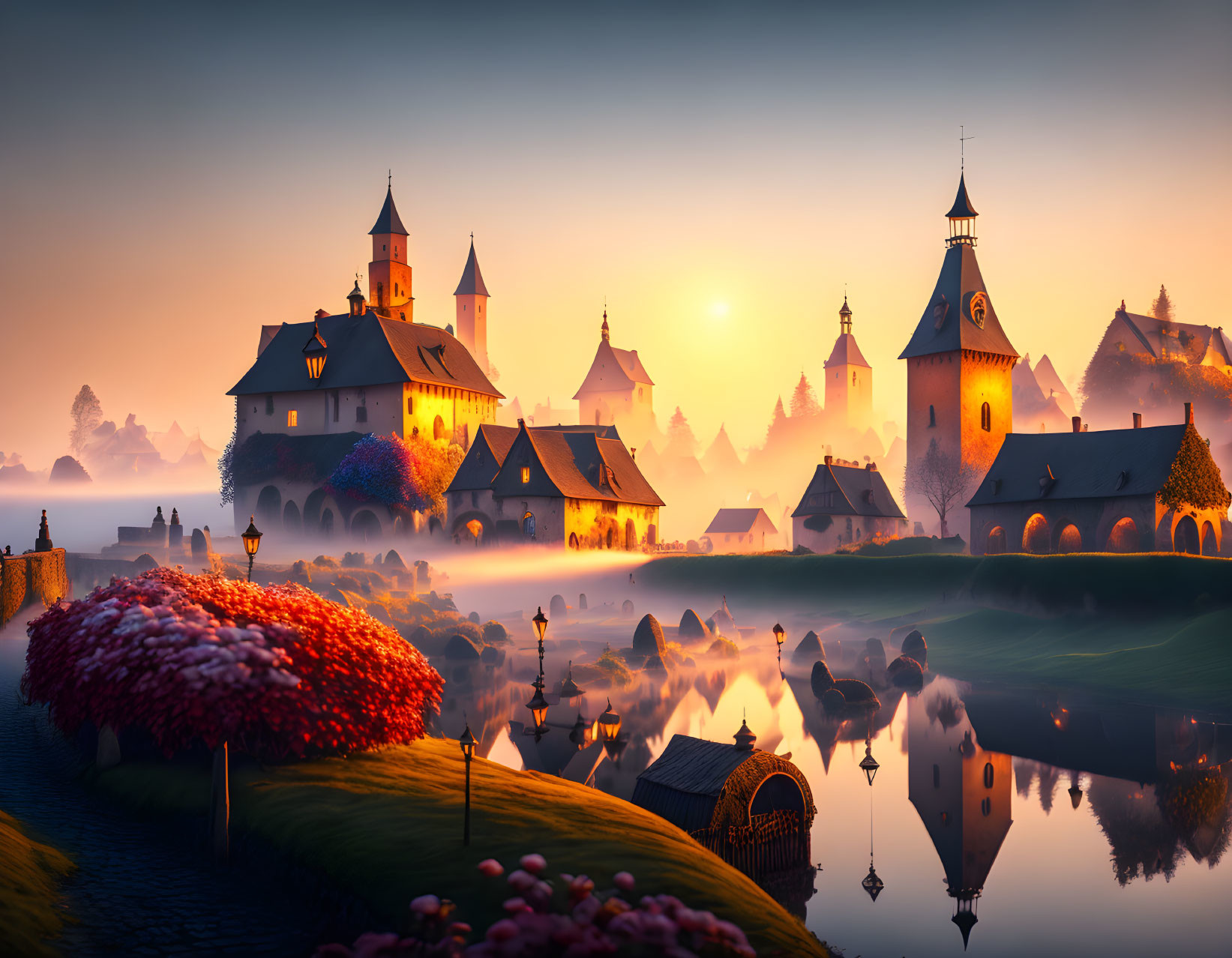 Picturesque medieval village sunset with water reflection and warm glow