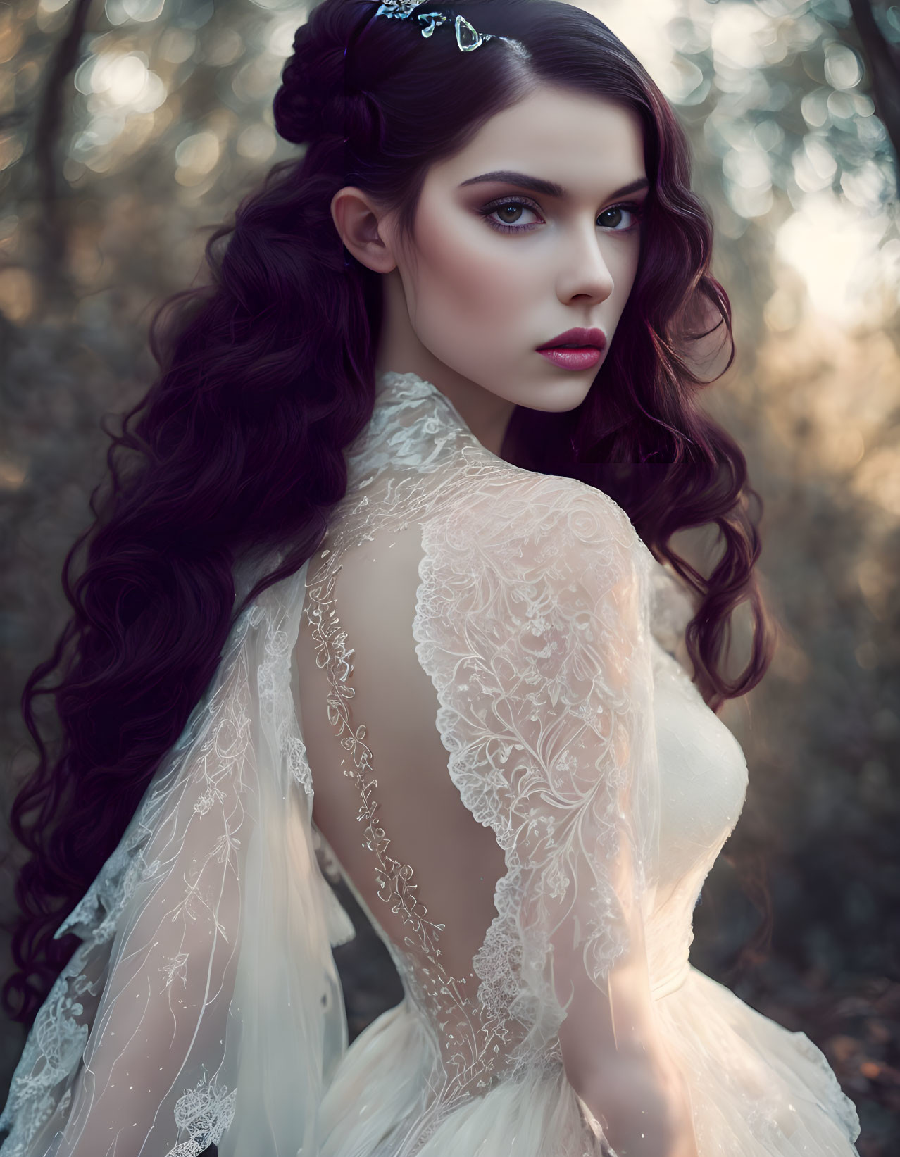 Long-haired woman in lace dress and tiara in forest setting