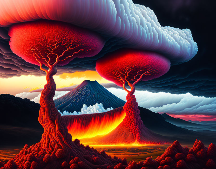 Surreal artwork of trees, lava, and mountains