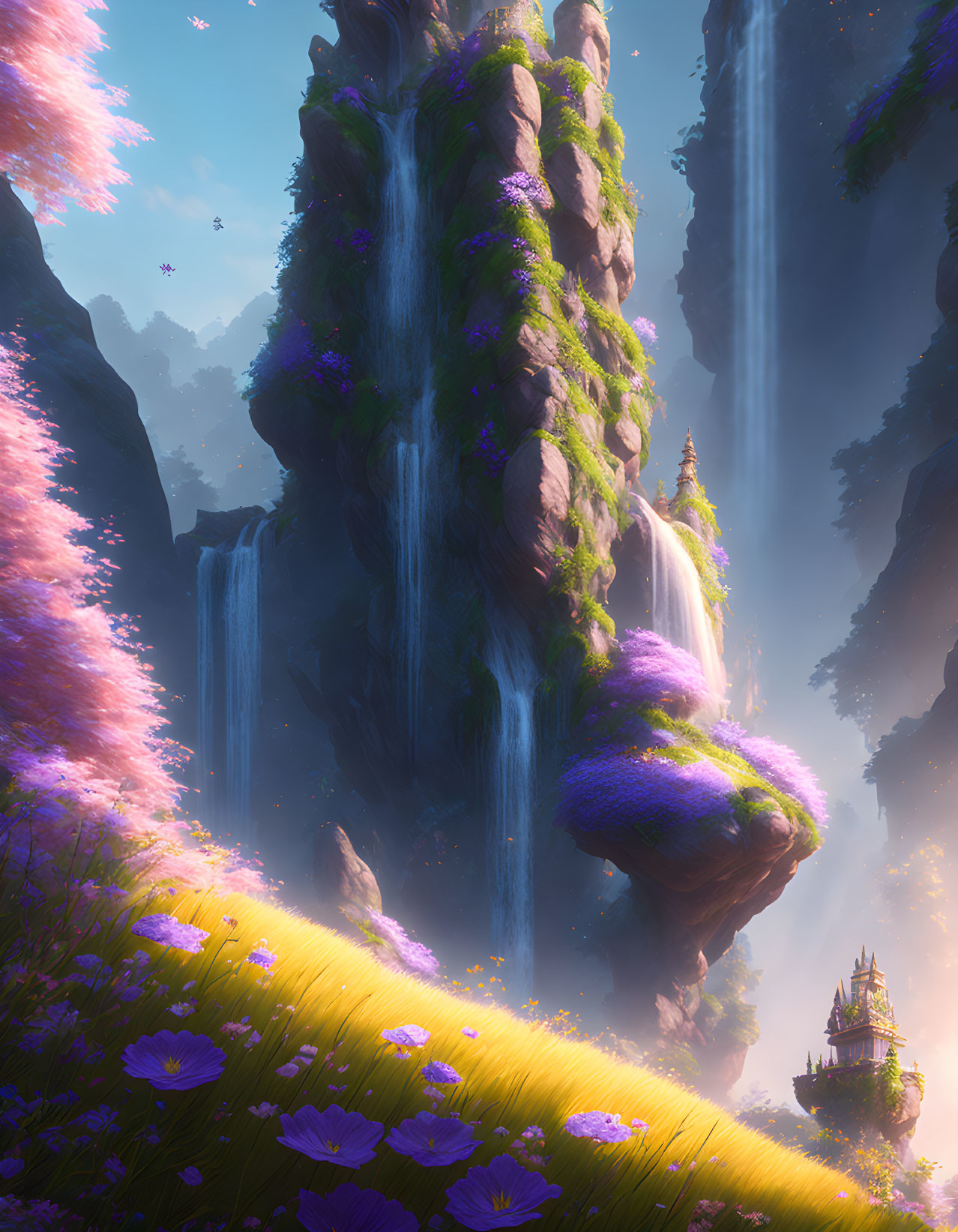 Fantastical landscape with floating islands, waterfalls, lush greenery, and a castle in dream