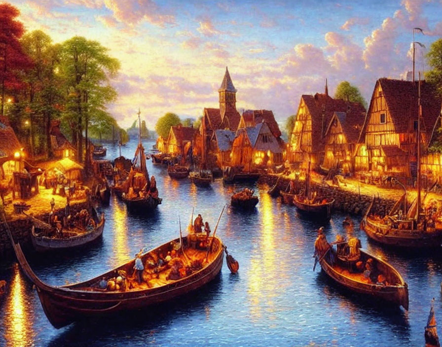 European village waterfront scene at dusk with boats and market stalls