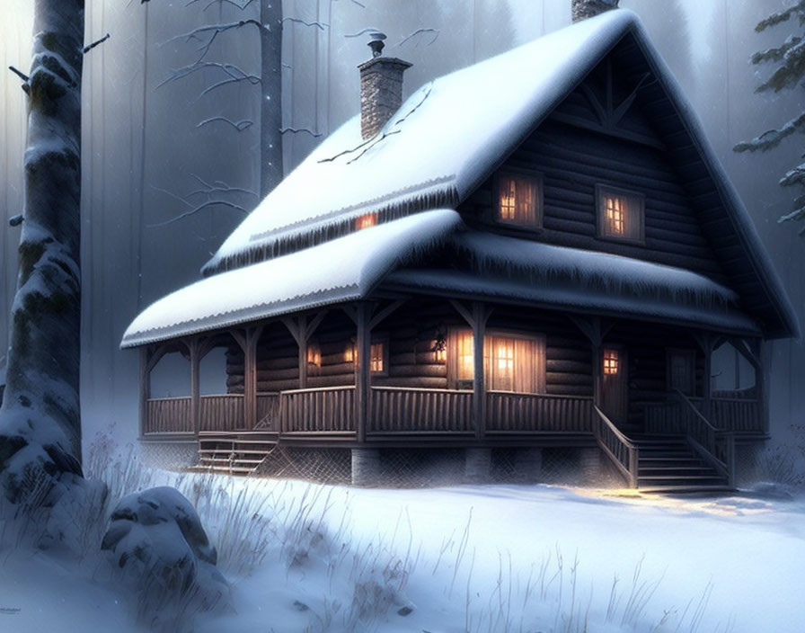 Snowy forest cabin with lit interior and chimney smoke