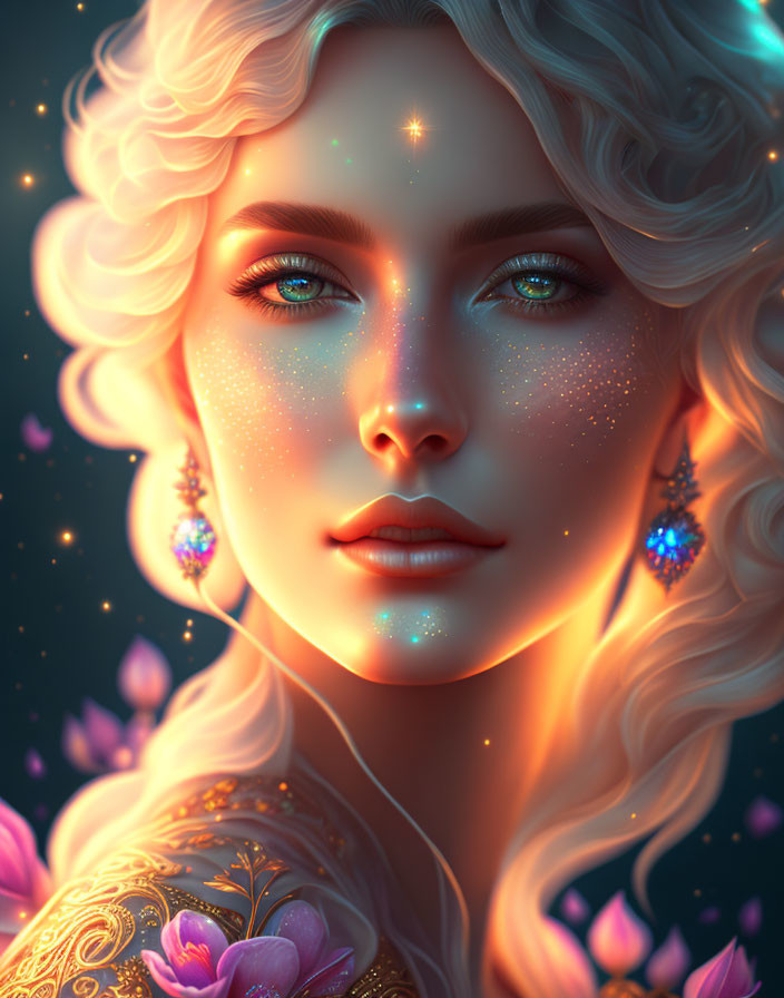 Woman with Glowing Blue Eyes and Golden Hair Among Luminescent Flowers