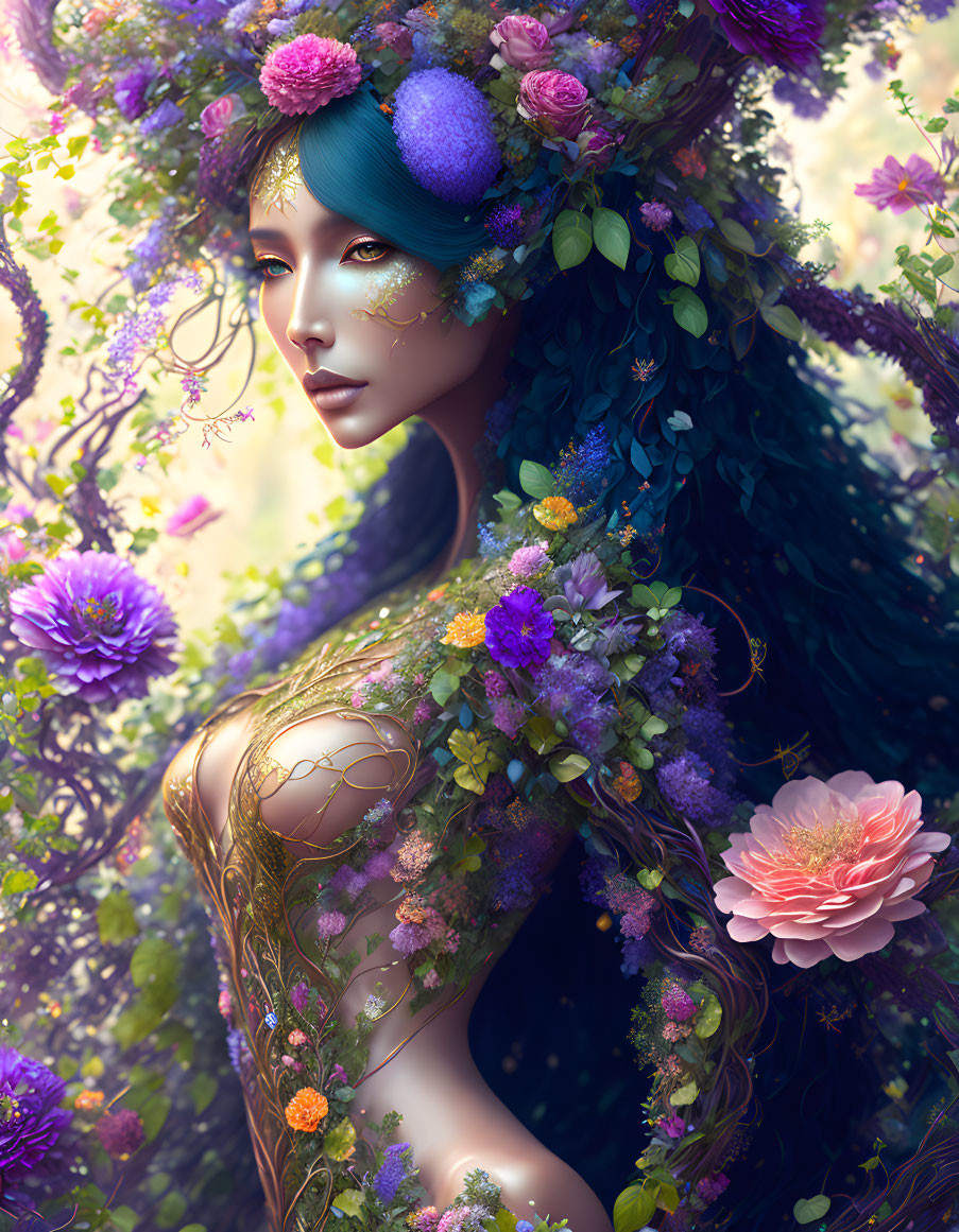 Woman immersed in flowers and plants with teal hair and serene expression