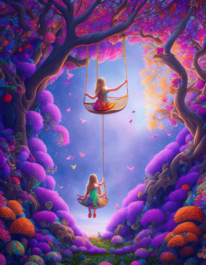 Whimsical artwork of two girls on swings in vibrant, fantastical flora