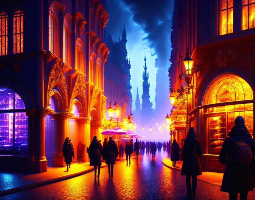 Urban night scene: illuminated city street with pedestrians, blue sky, and towering spires