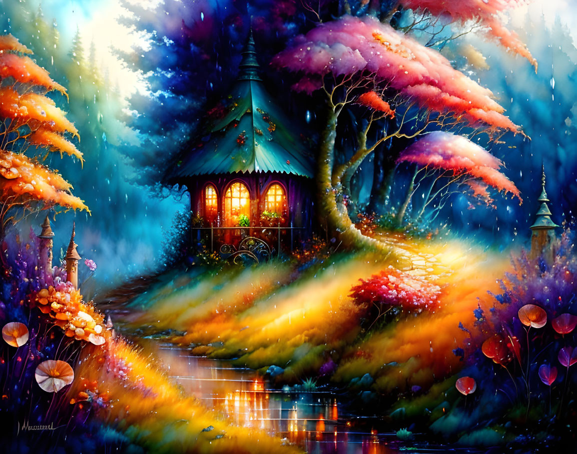 Vibrant fantasy cottage in enchanted forest with colorful flora