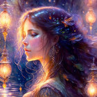 Woman with floral crown and braided hair in luminous lanterns and petals scene