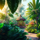 Vibrant Tropical Garden with Gazebo and Winding Path