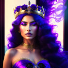 Illustrated woman with purple hair and crown in royal attire by window at sea sunset