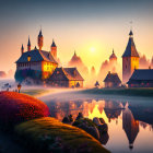 Picturesque medieval village sunset with water reflection and warm glow