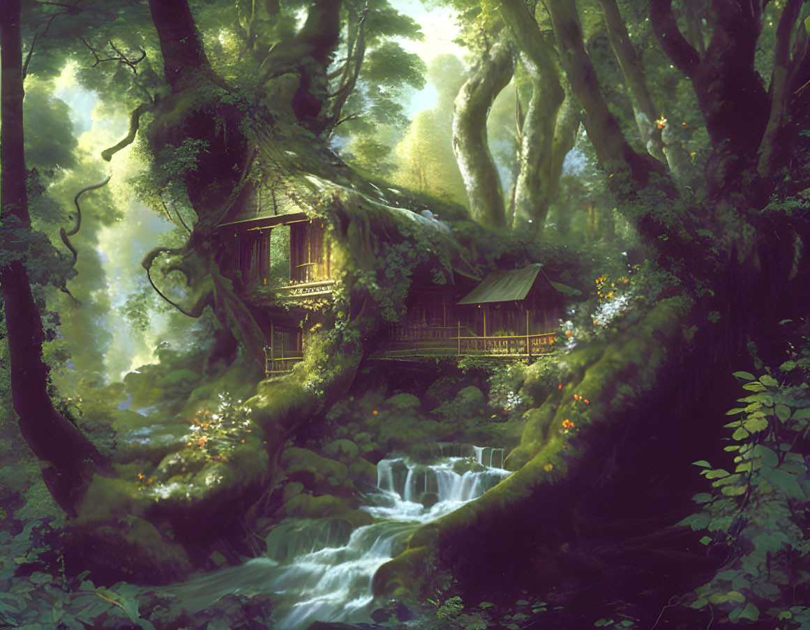 Fantasy forest scene with wooden house, waterfall, and sunlight.