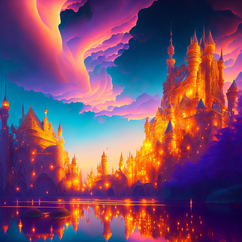 Fantastical castle with spires under pink and purple sky reflected in calm water