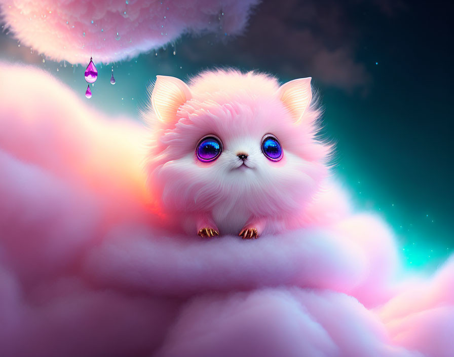 Pink fantasy kitten on cloud with purple eyes in cosmic setting