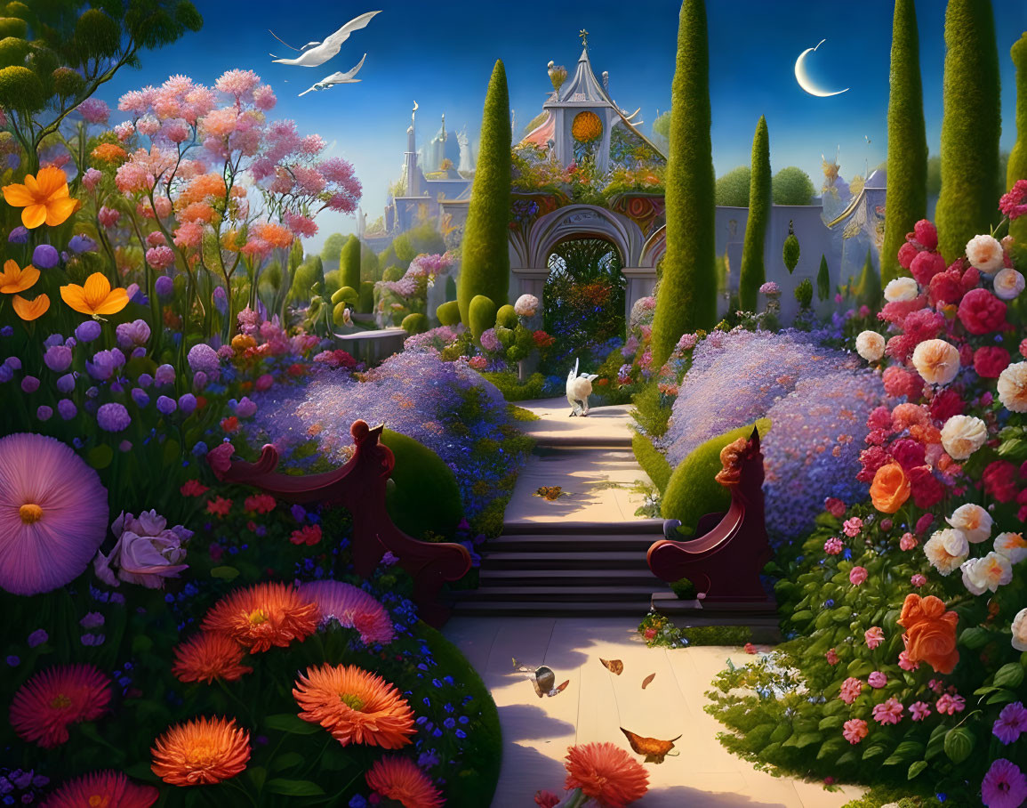 Vibrant flower-lined garden path to fairytale castle gate