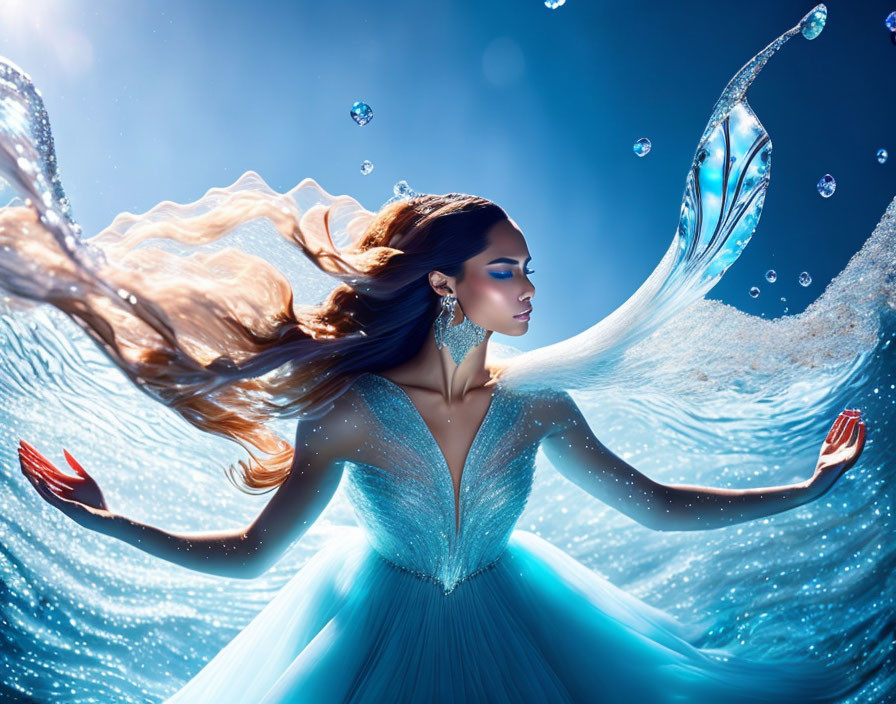 Woman in Blue Gown Merging with Water in Underwater Fantasy