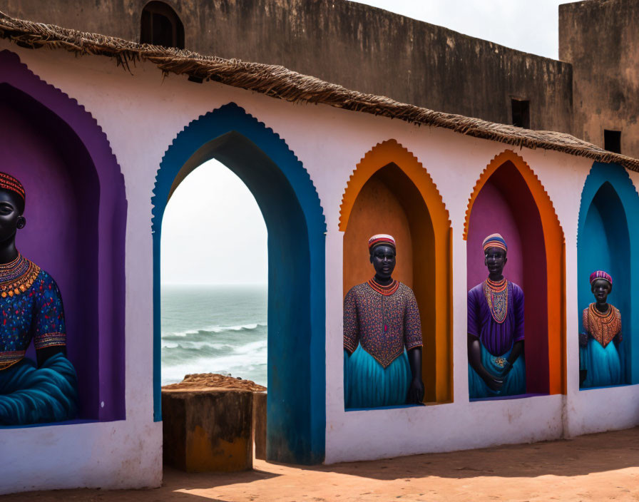 Colorful Arches with People Murals by the Sea