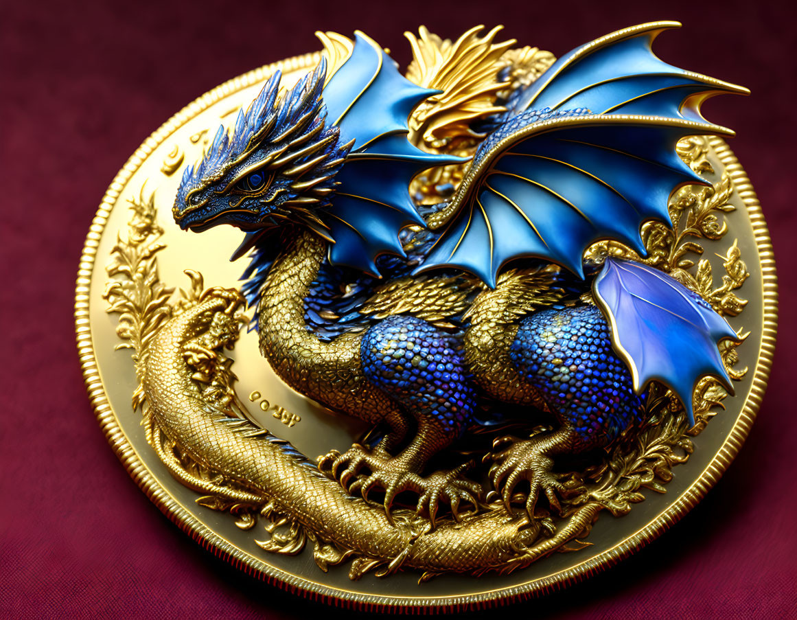 Colorful Blue Dragon Coin on Red Background