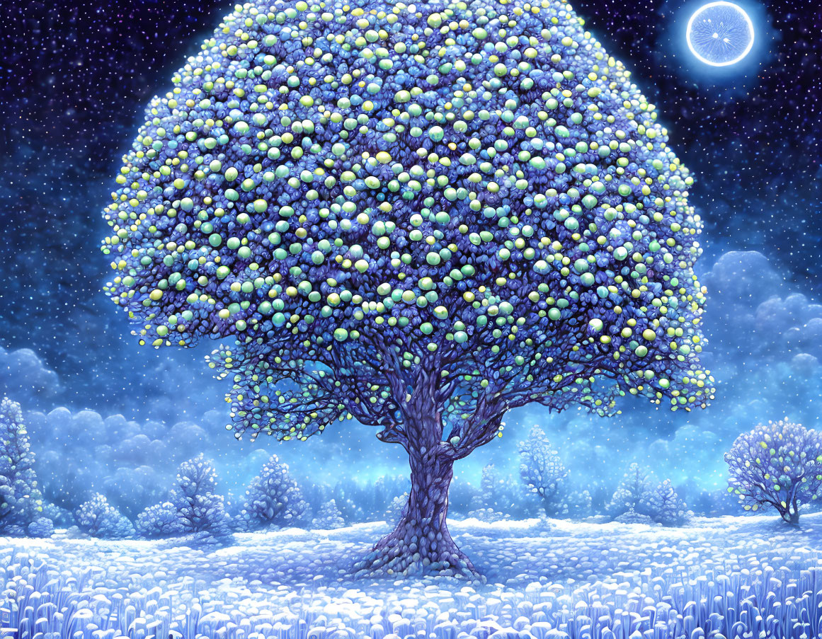 Luminous Tree with Blue and Yellow Orbs in Snowy Landscape