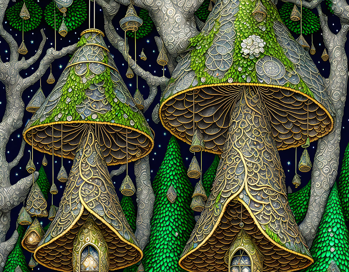 Fantastical green and gold mushroom art on starry night background