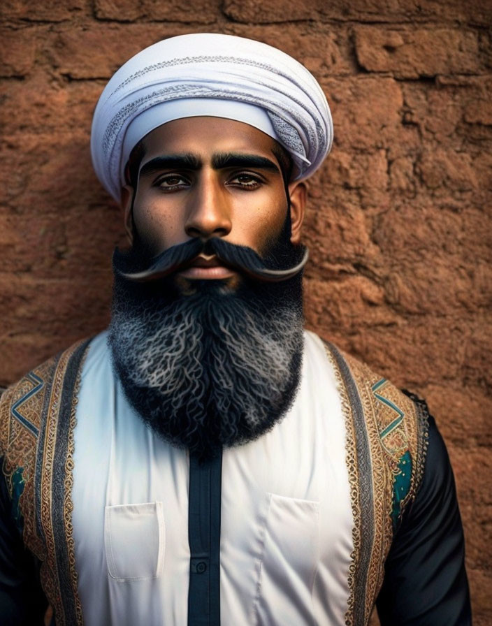 Portrait of a man with beard and turban in embroidered attire