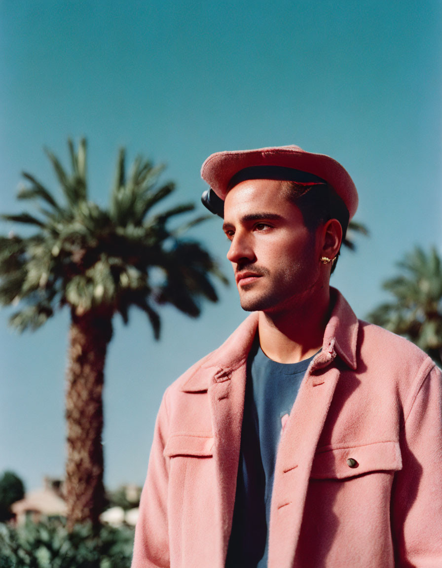 Man in Pink Jacket and Red Hat Outdoors with Palm Tree and Blue Sky