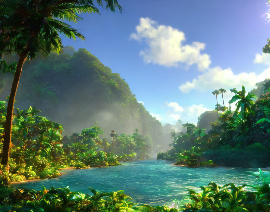 Serene tropical river in lush jungle with mist-covered mountains