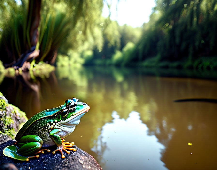 Green frog on rock by calm pond in lush foliage