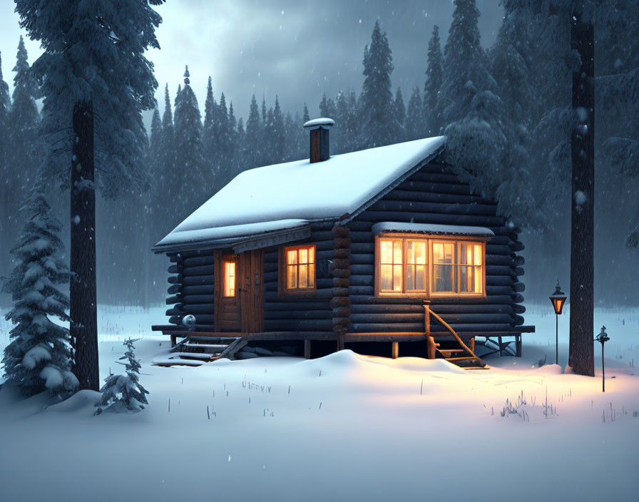 Snowy forest log cabin with glowing windows and lantern in winter scene