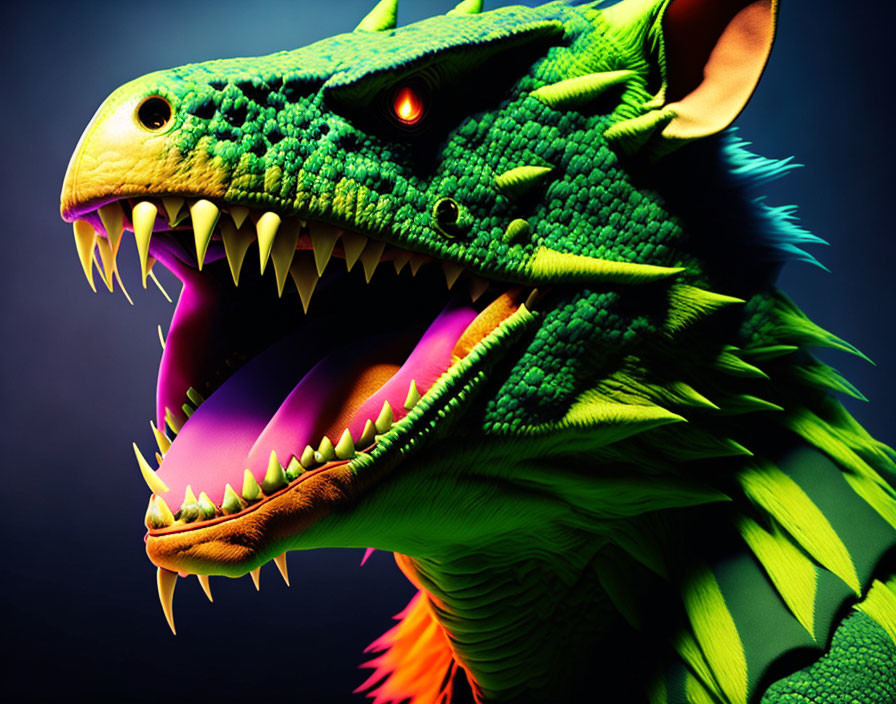 Colorful Dragon Head Art with Sharp Teeth and Glowing Eyes