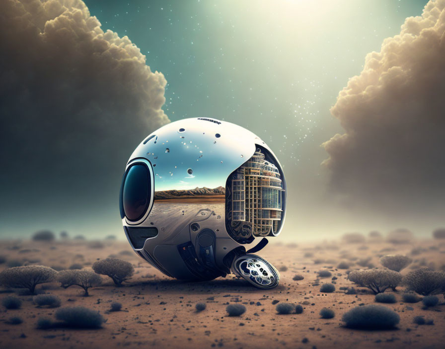 Futuristic open-visor helmet on desert landscape with reflective visor