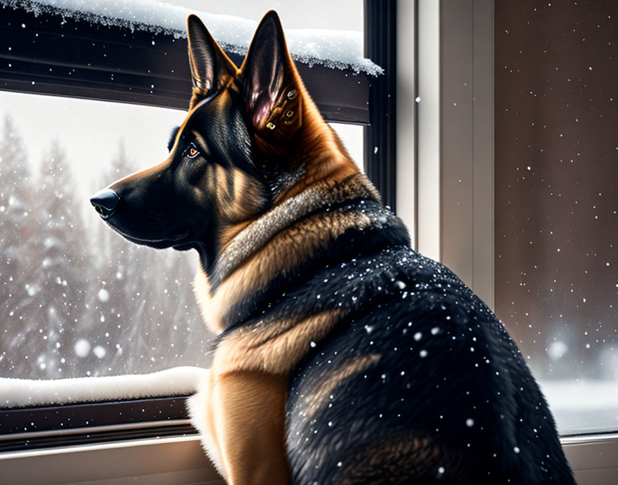 German Shepherd Dog Looking Out Window in Winter Scene