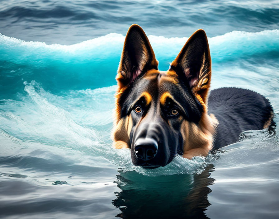 German Shepherd Dog Swimming in Clear Blue Water with Alert Ears and Striking Brown Eyes