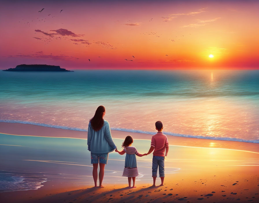 Family of Three Watching Sunset on Beach with Birds and Island