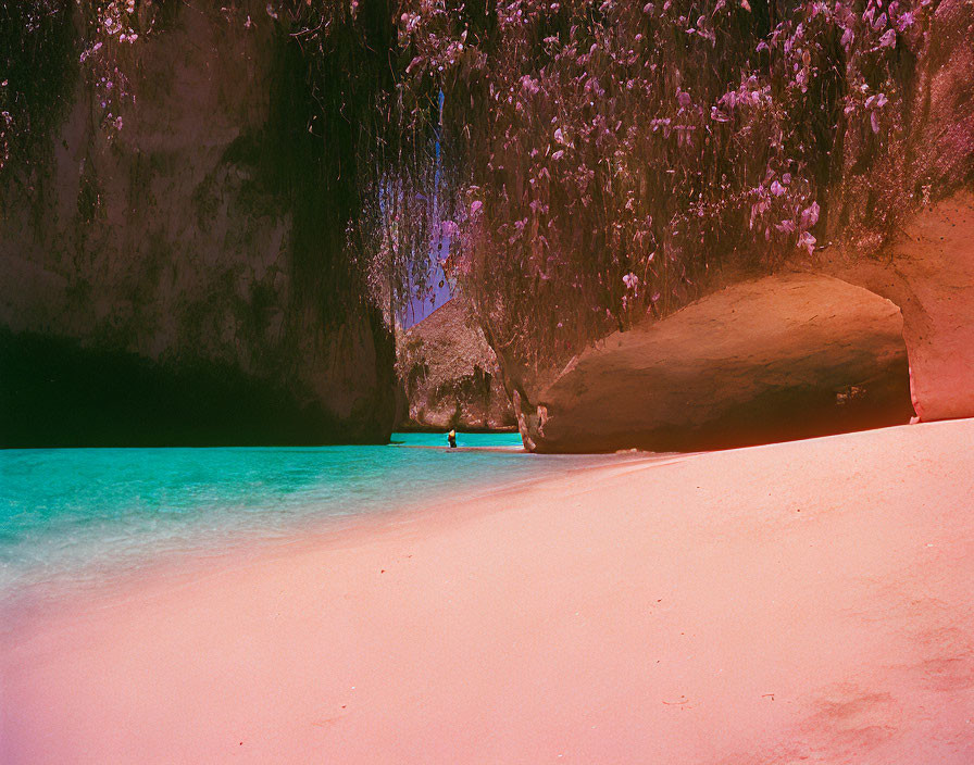 Pink Sand Beach with Turquoise Waters and Rocky Cave adorned with Purple Foliage