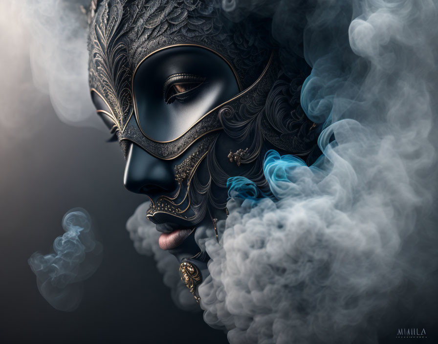 Black and Gold Ornate Mask with Smoke on Dark Background