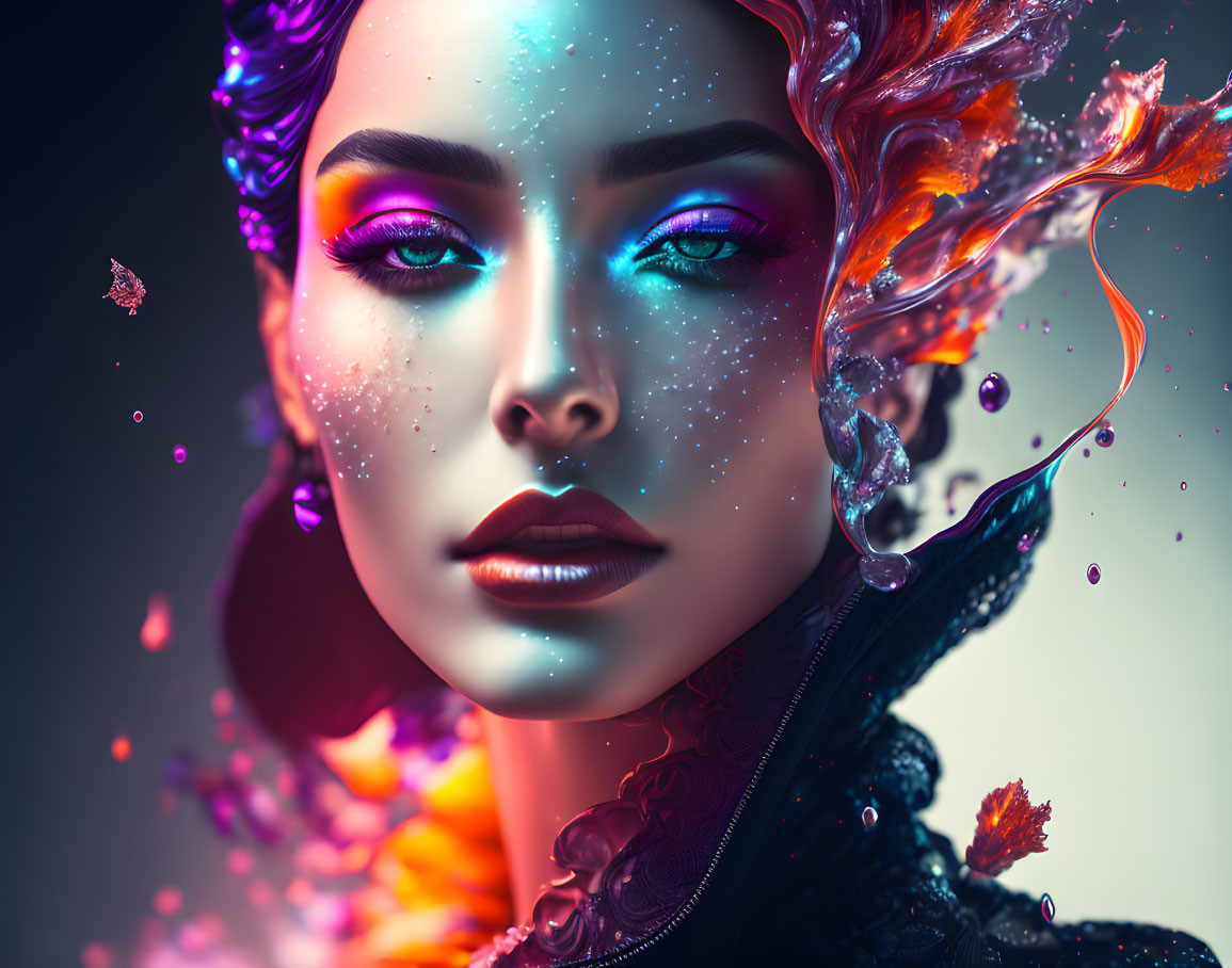 Colorful digital portrait of woman with purple hair, fiery orange accents, blue eyes, and starry