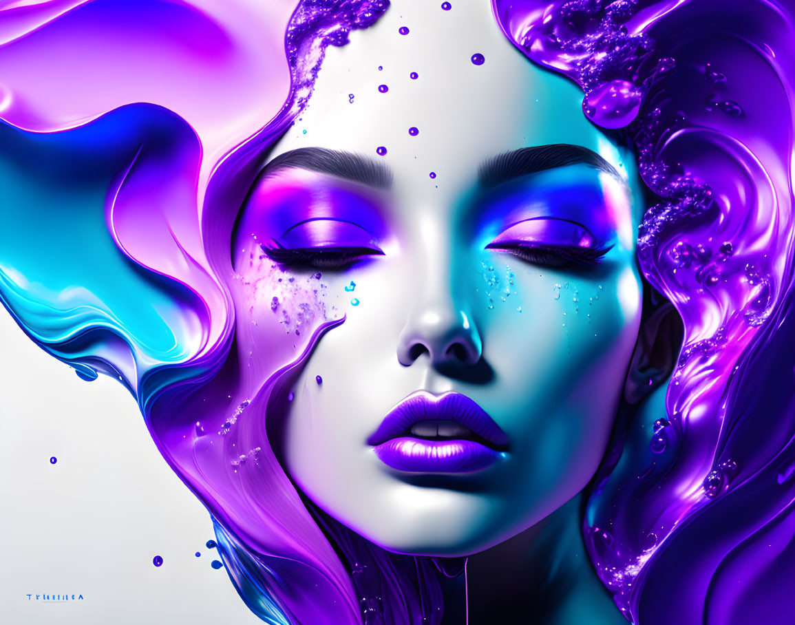 Surreal digital artwork: woman's face with flowing purple and blue liquid-like forms