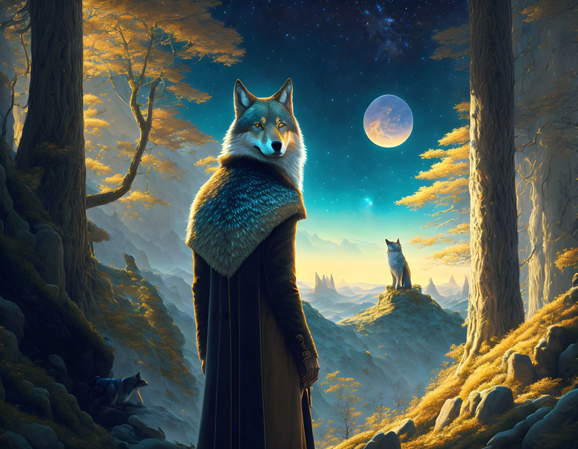 Anthropomorphic wolf in cloak in mystical forest with full moon.