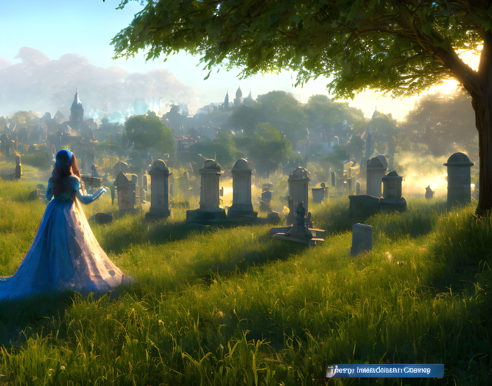 Woman in Blue Gown Stands in Sunlit Cemetery
