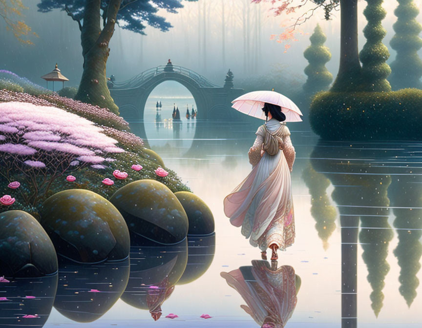 Woman with umbrella by reflective water and bridge in mystical garden