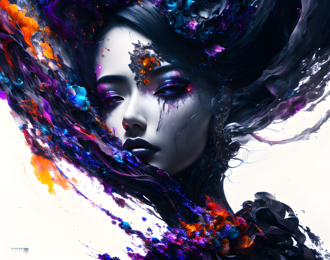 Colorful abstract digital artwork of a woman with paint splash effect on white background