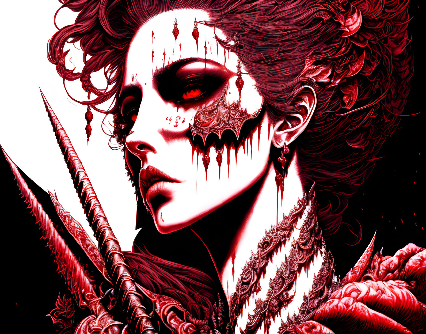 Detailed Illustration of Woman with Skeletal Half-Face and Intense Gaze in Red and Black