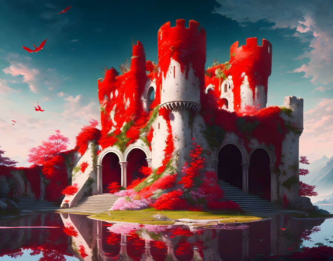 Fantasy castle with red foliage by reflective water and cloudy sky.