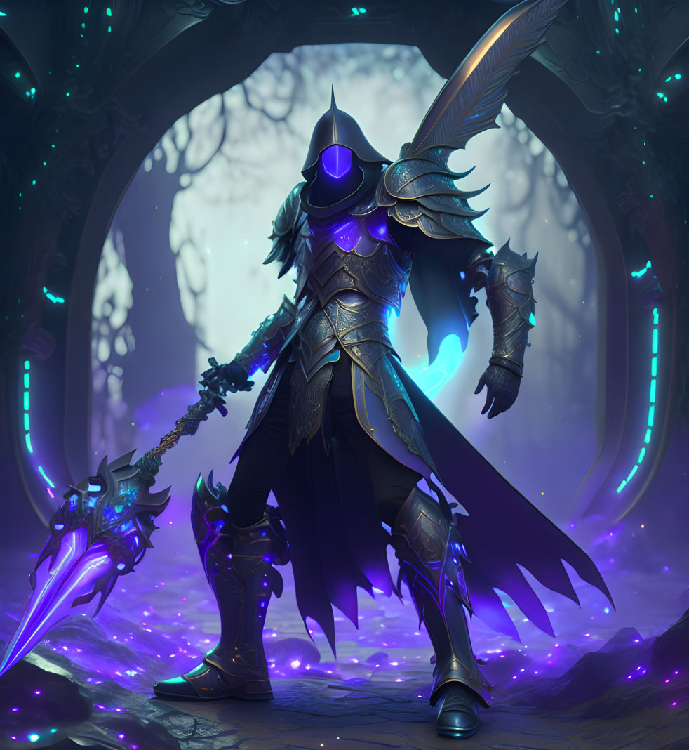 Armored knight with glowing sword in mystical forest gateway
