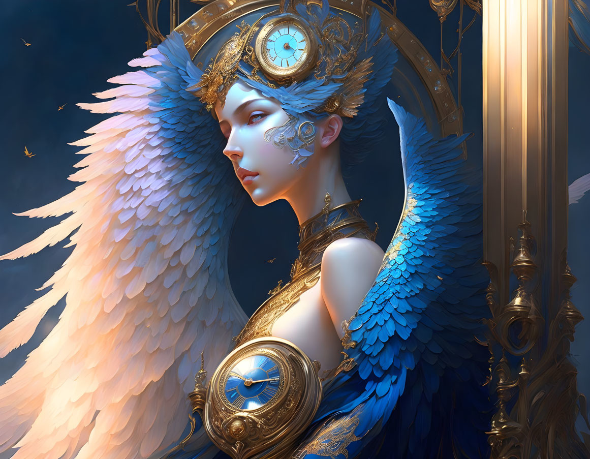 Digital art: Angelic figure with blue plumage and clockwork details on night sky.