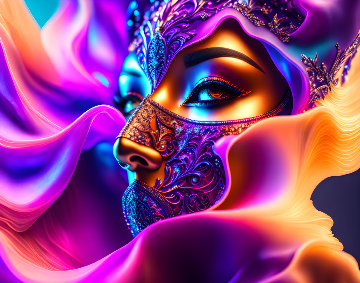 Colorful digital artwork: Stylized woman's face with intricate mask details and flowing purple and orange