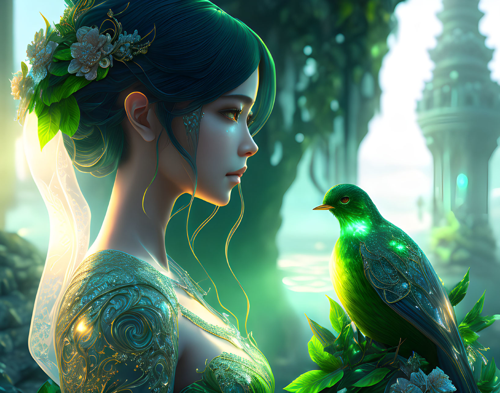 Fantasy illustration: Woman in nature attire with green bird in mystical forest