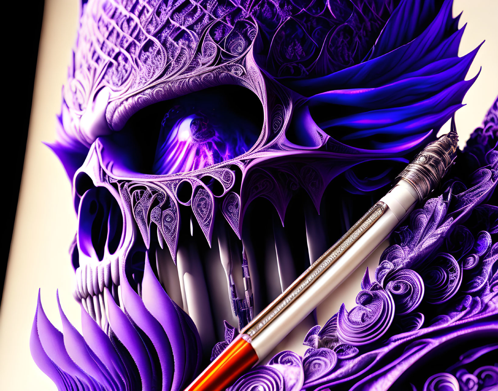 Purple Skull with Intricate Designs and Feather Quill on Pale Background